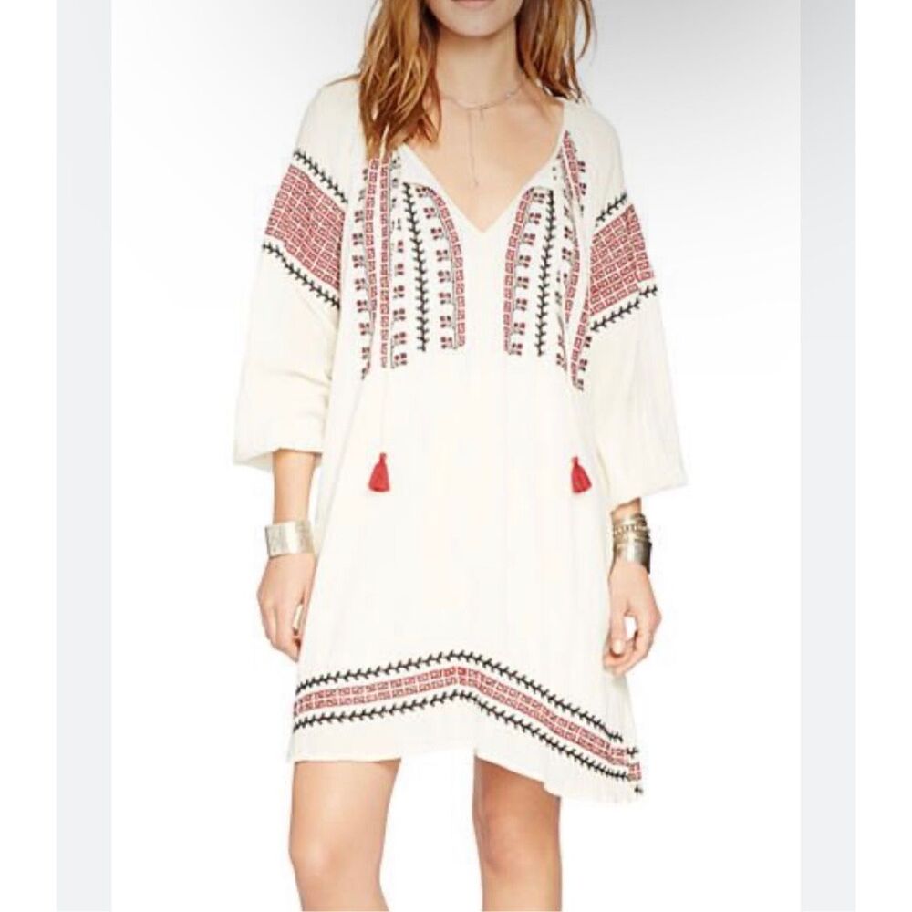 Denim & Supply Ralph Lauren Mini Dress Large White Red Embroidered Gauze Tassel